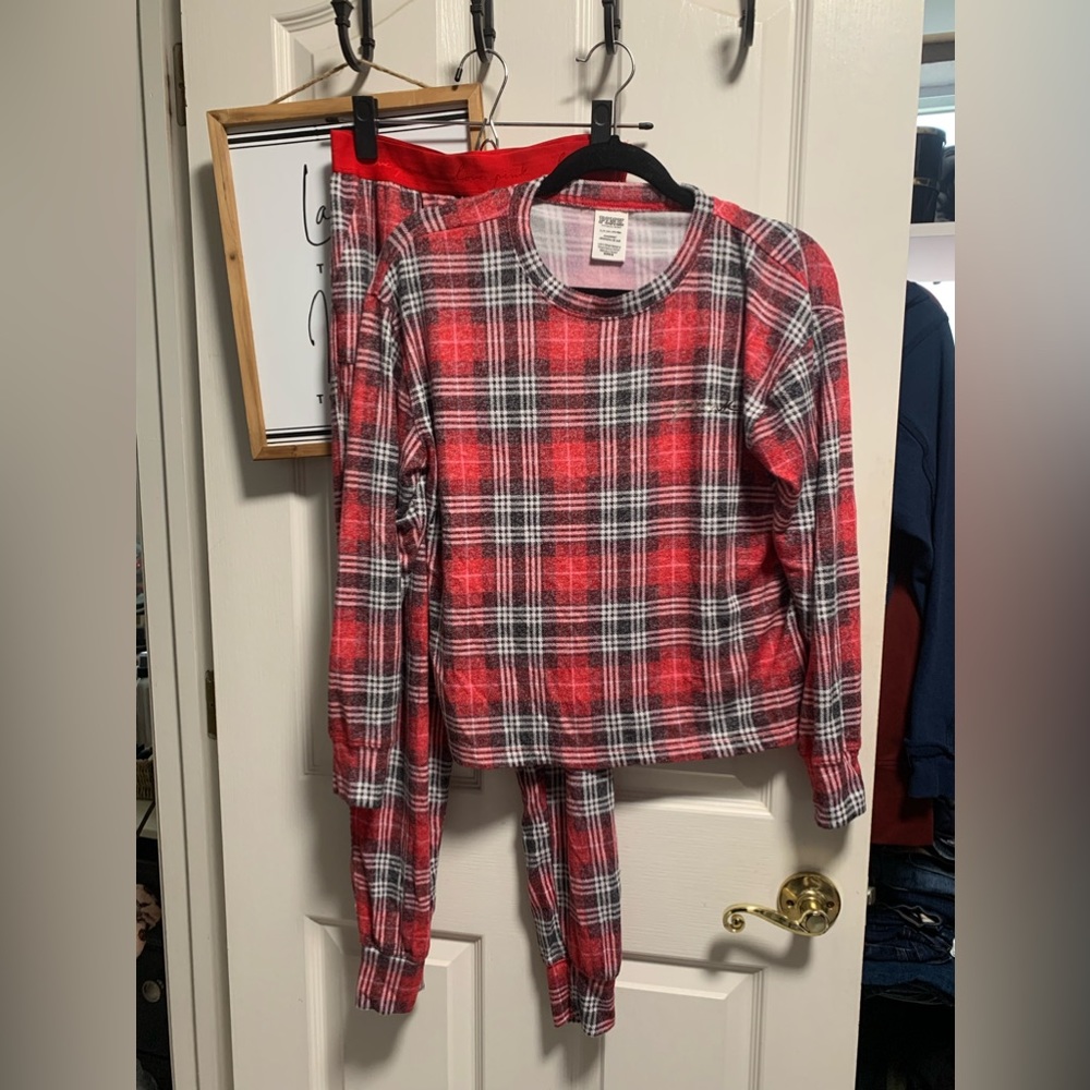 PINK red plaid jammies jogger set size small